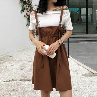 Plain Off Shoulder Short Sleeve T-shirt / Pinafore Dress