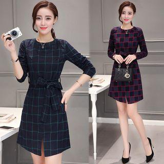 Windowpane Check Long-sleeve A-line Dress With Sash