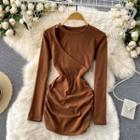Round-neck Cutout Long-sleeve Ruched Dress