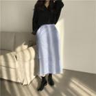 V-neck Blouse / Striped Midi H-line Skirt