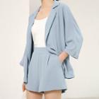 Set: Pocketed 3/4-sleeve Blazer + High Waist Shorts