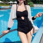 Set: Spaghetti-strap Halter Neck Swimsuit + Cover-up