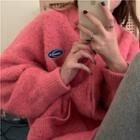 Long-sleeve Logo Zip-front Knit Jacket Pink - One Size