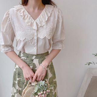 Perforated-detail Bell-sleeve Blouse