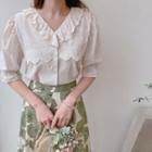 Perforated-detail Bell-sleeve Blouse