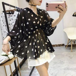 Heart Print 3/4-sleeve Chiffon Blouse