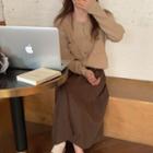 Round Neck Plain Cardigan / Pleated Midi A-line Skirt