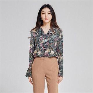 Ruffle-collar Bell-sleeve Floral Top