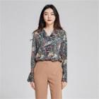 Ruffle-collar Bell-sleeve Floral Top