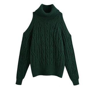 Plain Turtle-neck Long Sleeve Off-shoulder Oversized Sweater