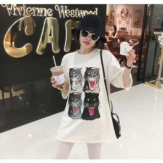 3/4-sleeve Tiger Printed T-shirt