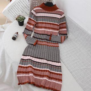 Patterned Mock Neck Knit Dress Khaki - One Size