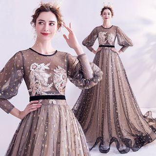 Star Embroidered Lantern-sleeve A-line Evening Gown
