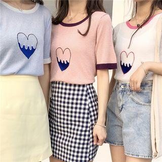 Short-sleeve Embroidered Heart Contrast Trim Knit Top