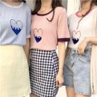 Short-sleeve Embroidered Heart Contrast Trim Knit Top