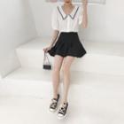 Doll Collar Puff-sleeved Shirt / Pleated Skirt