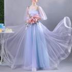 Applique Puff-sleeve A-line Evening Gown