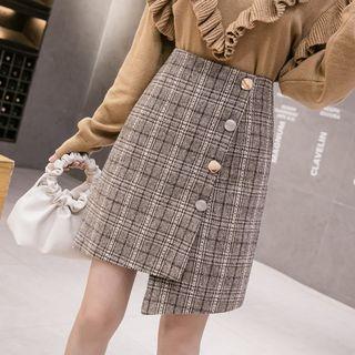 Plaid Woolen Asymmetrical Semi Skirt
