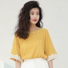 Lace Trim Elbow-sleeve Lettering T-shirt