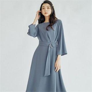 Pleated-detail Midi Flare Dress With Belt