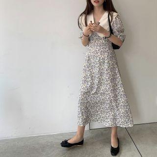Puff-sleeve Collared Floral Print Midi A-line Dress Beige & Black - One Size