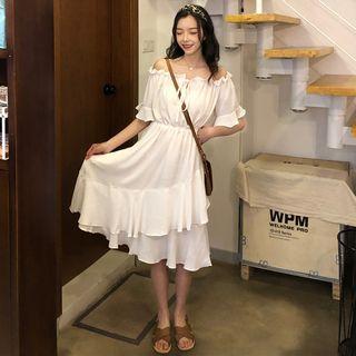 Elbow-sleeve Frill Trim A-line Midi Chiffon Dress