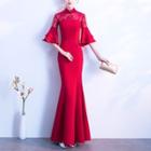 Elbow-sleeve Cold Shoulder Mermaid Evening Gown
