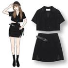 Double-breasted Short-sleeve Cropped Blouse / Slit Mini A-line Skirt