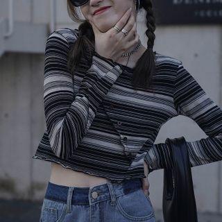 Long-sleeve Striped Irregular  Button Cropped T-shirt