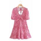 Puff-sleeve V-neck Open-back Lace-up Floral Dress
