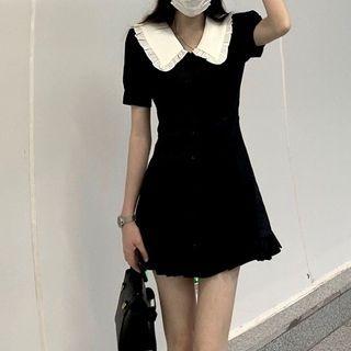Short-sleeve Peter Pan Collar Ruffled Dress Dress - Black - One Size