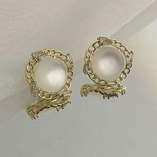 Rhinestone Faux Cat Eye Stone Alloy Earring 1 Pair - Gold & White - One Size