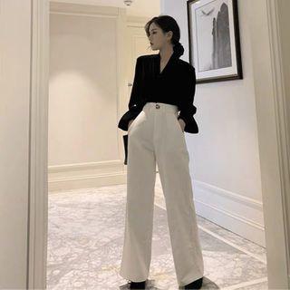 Set: V-neck Blouse + High-waist Wide-leg Pants