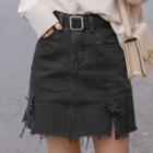 Set: Fray-hem Mini A-line Denim Skirt + Belt