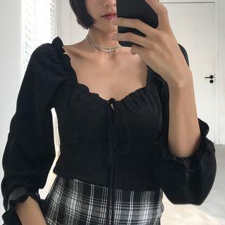 Plain Square-neck Ruffled-trim Puff-sleeve Blouse