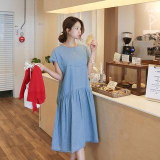 Drop-waist Shirred Denim Dress