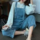 Lantern-sleeve Blouse / Cropped Denim Jumper Pants