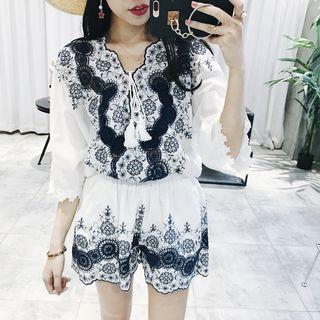 Set: Lace Trim 3/4 Sleeve Top + Scallop-hem Shorts