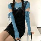 Plain Long-sleeve Crop Top / Lace Sleeveless Dress