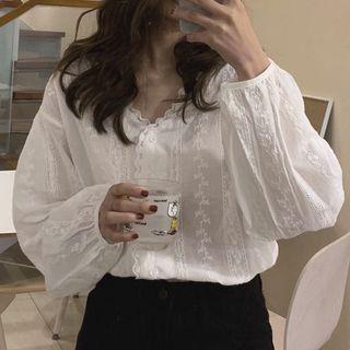 Crochet-lace V-neck Puff-sleeve Blouse White - One Size