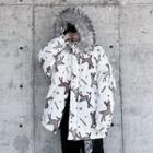 Faux Fur Trim Hooded Zip Deer Print Jacket