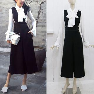 Long-sleeve Bow-accent Blouse / Wide-leg Jumper Pants