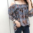 Print Off-shoulder Strap Chiffon Top