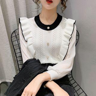 Contrast Trim Chiffon Panel Knit Top