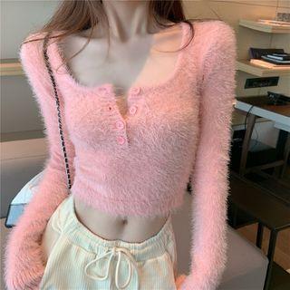 Long Sleeve Furry Cropped Knit Henley