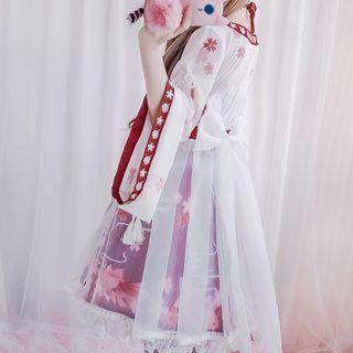 Lace Trim Long-sleeve A-line Dress / Bow Hair Clip