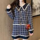 Set: Plaid Tweed Jacket + A-line Skirt Set - Jacket - Plaid - Black - One Size / A-line Skirt - Plaid - Black - One Size