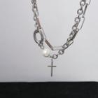 Cross Faux Pearl Pendant Stainless Steel Necklace 1 Pc - Silver - One Size