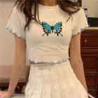 Short-sleeve Butterfly Print Cropped T-shirt White - One Size