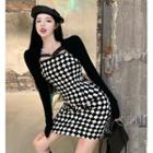 Long-sleeve Plain Shawl / Check Sleeveless Mini Dress